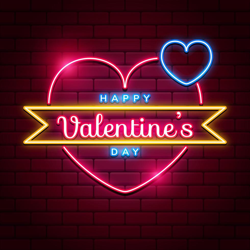 Lycklig hjärtans dag bakgrund med ljus rosa vektor neon hjärta på röd tegel väggar