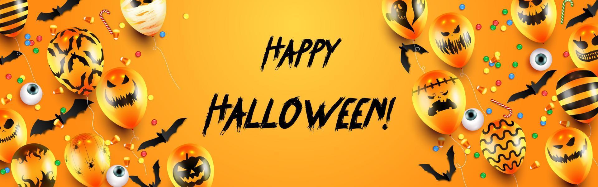 Happy Halloween Süßes oder Saures Banner Vorlage mit gruseligen Ballons und Halloween-Elementen Hintergrund vektor