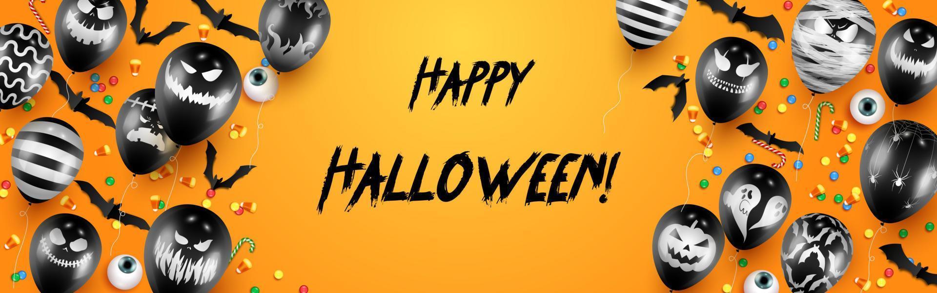 Happy Halloween Süßes oder Saures Banner Vorlage mit gruseligen Ballons und Halloween-Elementen Hintergrund vektor
