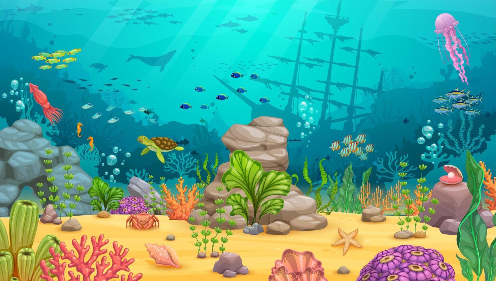 Cartoon-Unterwasserlandschaft, Spielhintergrund vektor