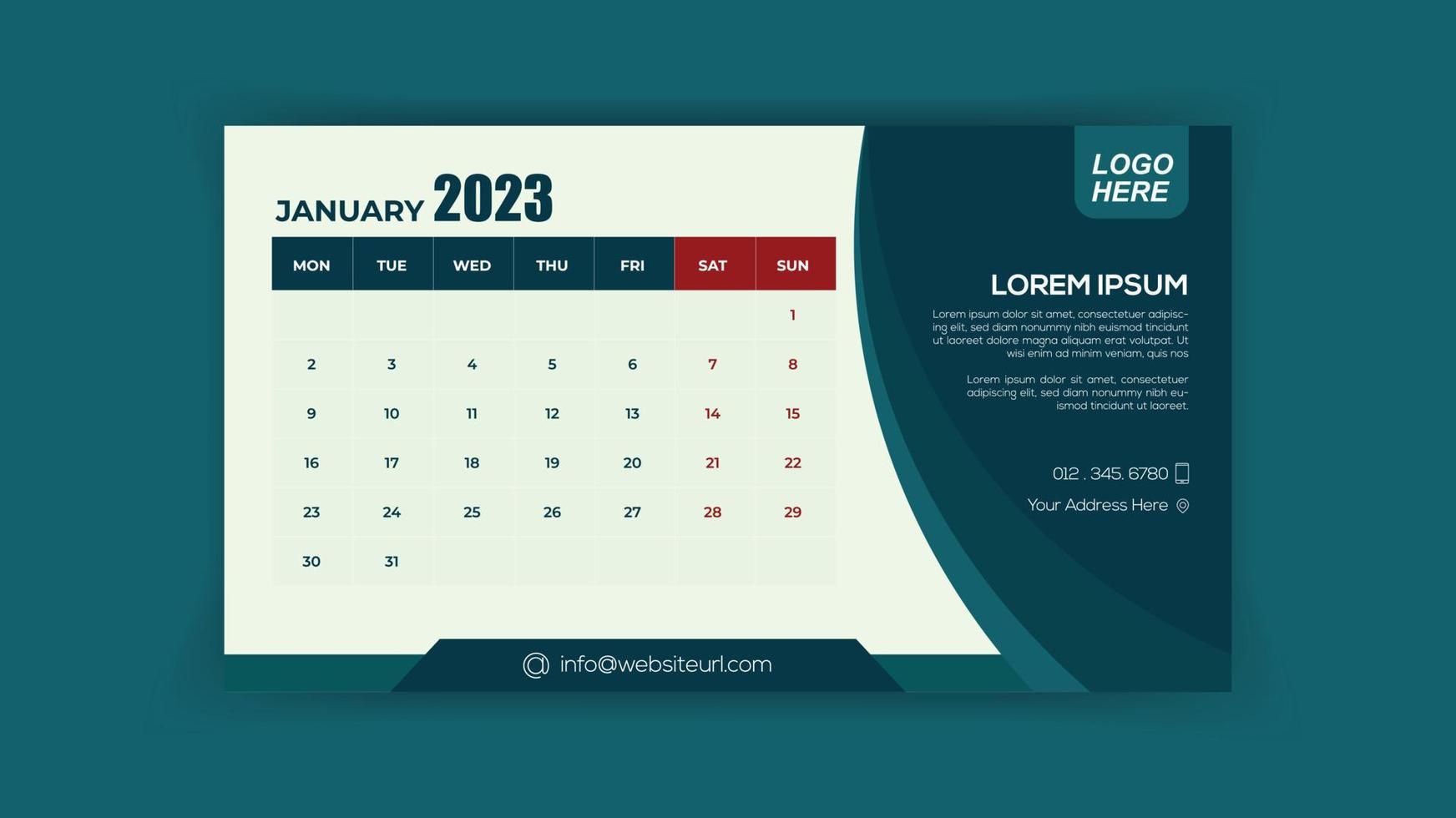 2023 år januari månad vektor enkel layout skrivbord kalender