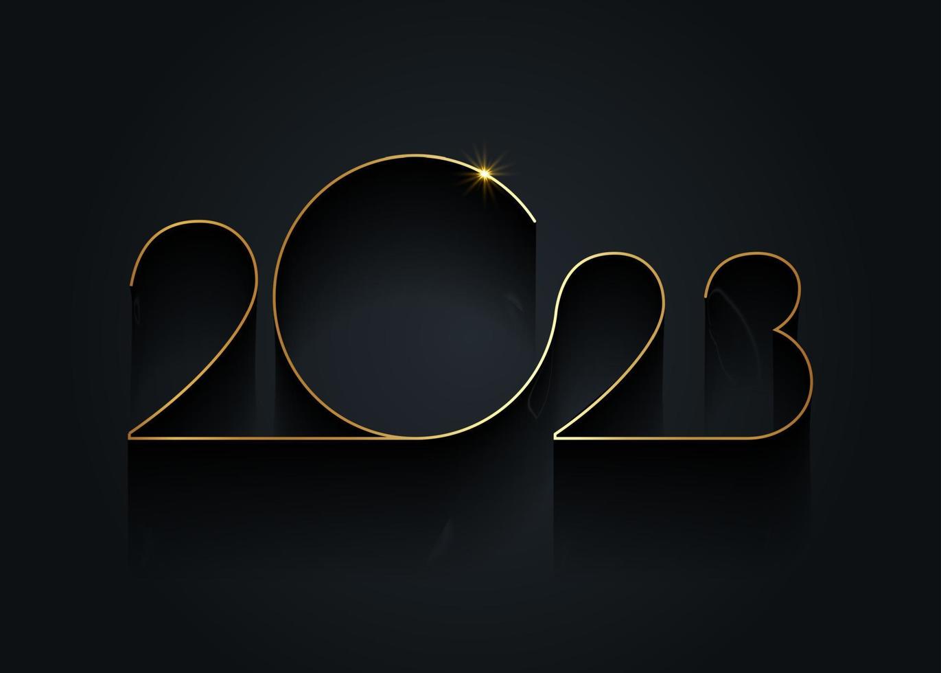 2023 nyår guld logotyp design. semester gratulationskort. vektor illustration. semesterdesign för gratulationskort, inbjudan, kalender, fest, gyllene semesteretikett isolerad på svart bakgrund