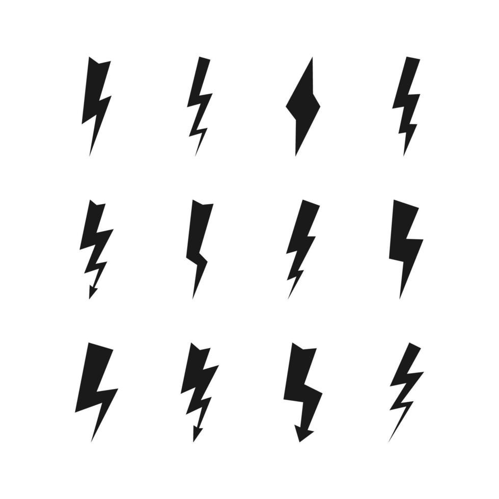 Satz von zwölf dunklen Gewittern. Donnerschlag und schwarze Hochspannungssymbole auf weißem Hintergrund. Vektor-Illustration. vektor