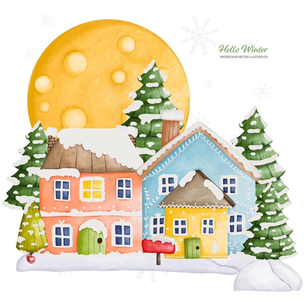 Haus mit drei Wintern und Vollmond, Aquarellvektorillustration vektor