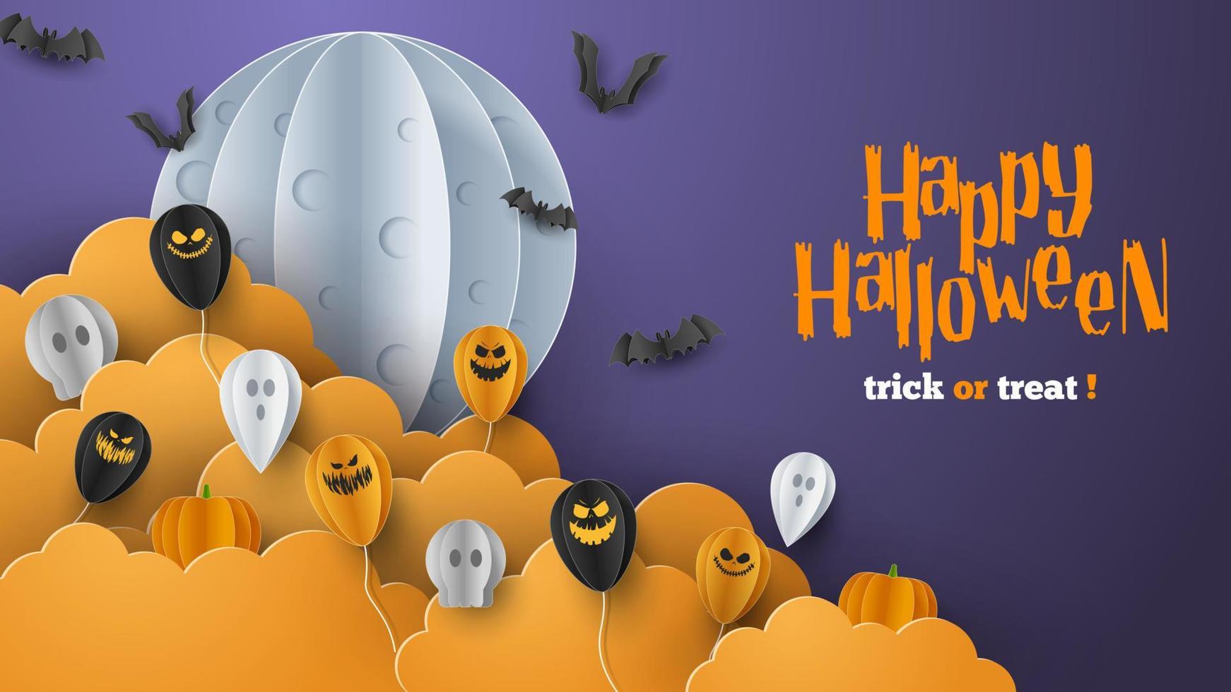 Happy Halloween Banner Hintergrund mit Wolken und Kürbissen im Papierschnitt-Stil. Vollmond am Himmel, Spinnennetz, Schädel, Geist und fliegende Fledermäuse. Vektor-Illustration vektor