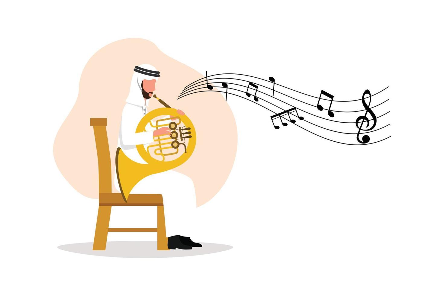 företag platt teckning arab manlig musiker utför klassisk melodi på franska horn. instrumentalist spelar musik på mässing instrument. man med trumpet. tecknad serie karaktär design vektor illustration