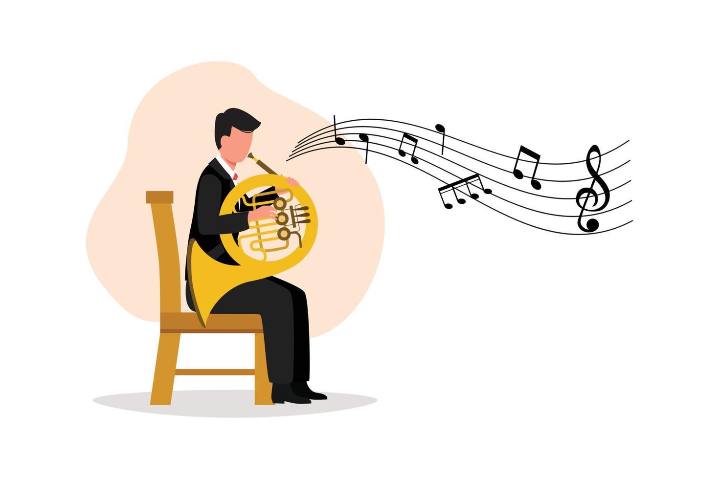 företag design teckning manlig musiker i kostym utför klassisk melodi på franska horn. instrumentalist spelar musik på mässing instrument. man med trumpet. platt tecknad serie stil vektor illustration