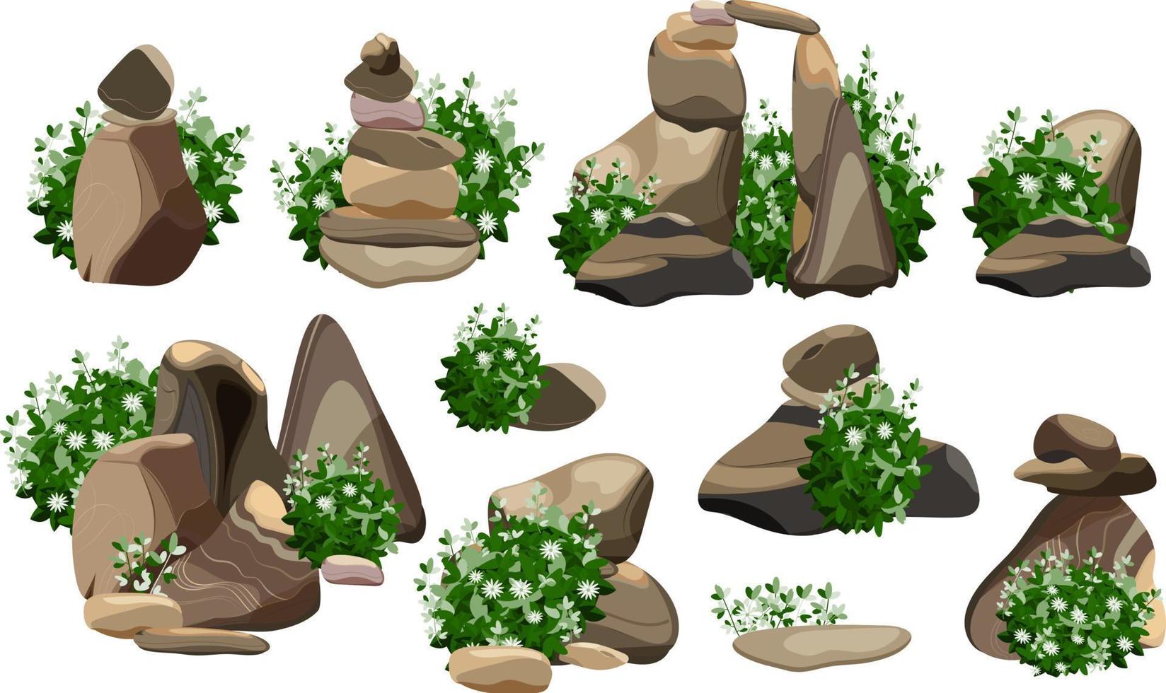samling av stenar och växter av olika former.kustnära småsten, kullerstenar, grus, mineraler och geologisk formationer.rock fragment, stenblock och byggnad material. vektor