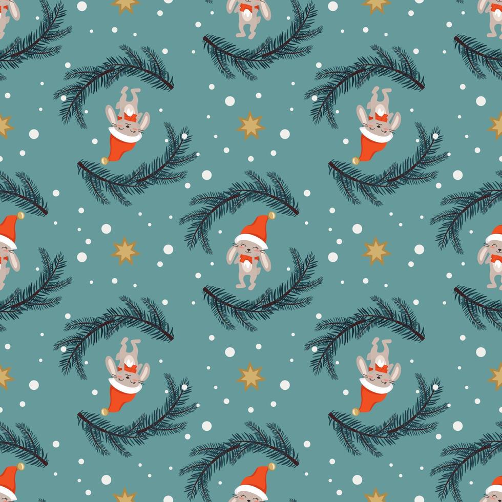 sömlös jul mönster med kanin eller kanin, gran träd, stjärnor och snöflingor på blå bakgrund. ljus skriva ut för ny år och Semester, omslag papper, textilier och design. vektor illustration
