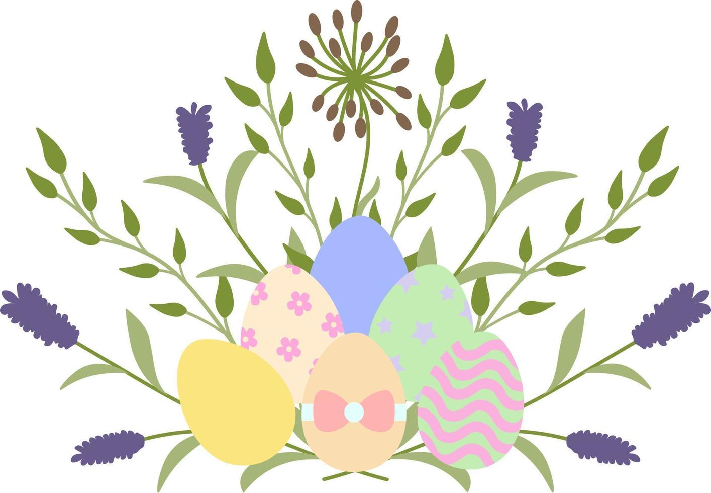 påsk ClipArt, vektor teckning. påsk söt kaniner, korg, påsk ägg, blommor och örter