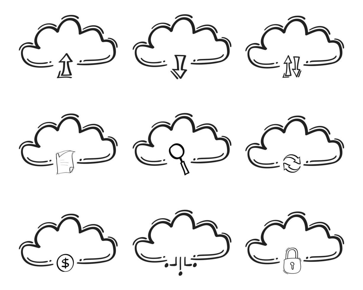 hand dragen dator moln relaterad ikon i klotter stil vektor