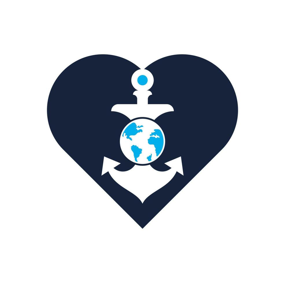 Anker-Globus-Herzform-Konzept-Logo-Vorlage. Kombination aus Anker- und Planetenlogo. Meeres- und Weltsymbol oder -ikone. vektor