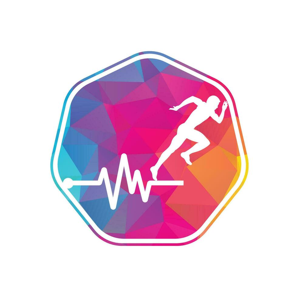 puls maraton logotyp design ikon vektor. kropp hälsa vård logotyp design. löpning man med linje ecg hjärtslag ikon. vektor