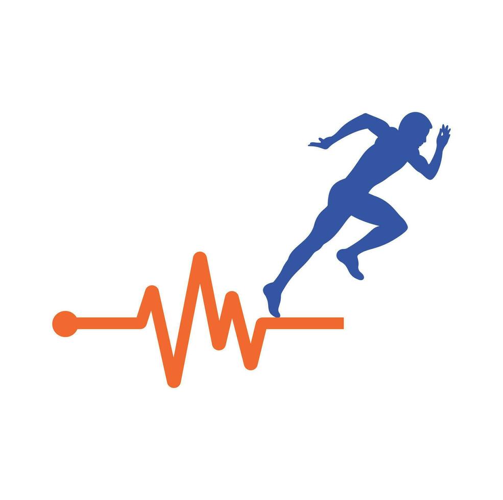puls maraton logotyp design ikon vektor. kropp hälsa vård logotyp design. löpning man med linje ecg hjärtslag ikon. vektor