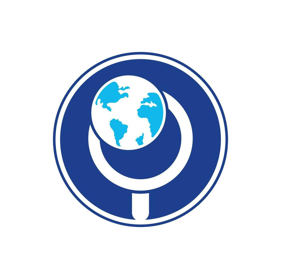 Welt- und Lupen-Logo-Kombination. Einzigartige Entwurfsvorlage für Globus- und Suchlogos. vektor