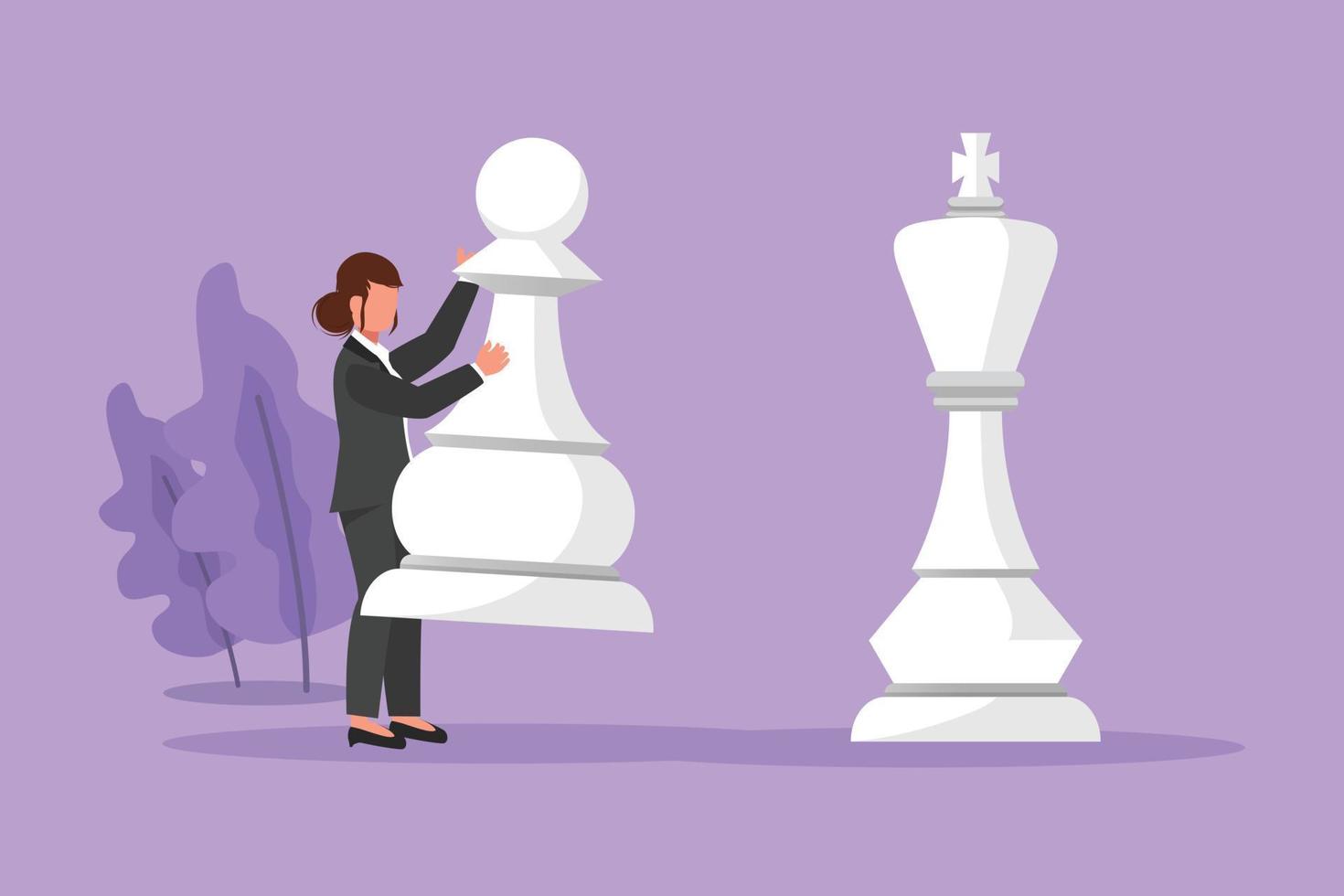 tecknad serie platt stil teckning affärskvinna innehav pantsätta schack bit till slå kung schack. strategisk planera, företag utveckling strategi, taktik i företagande. grafisk design vektor illustration