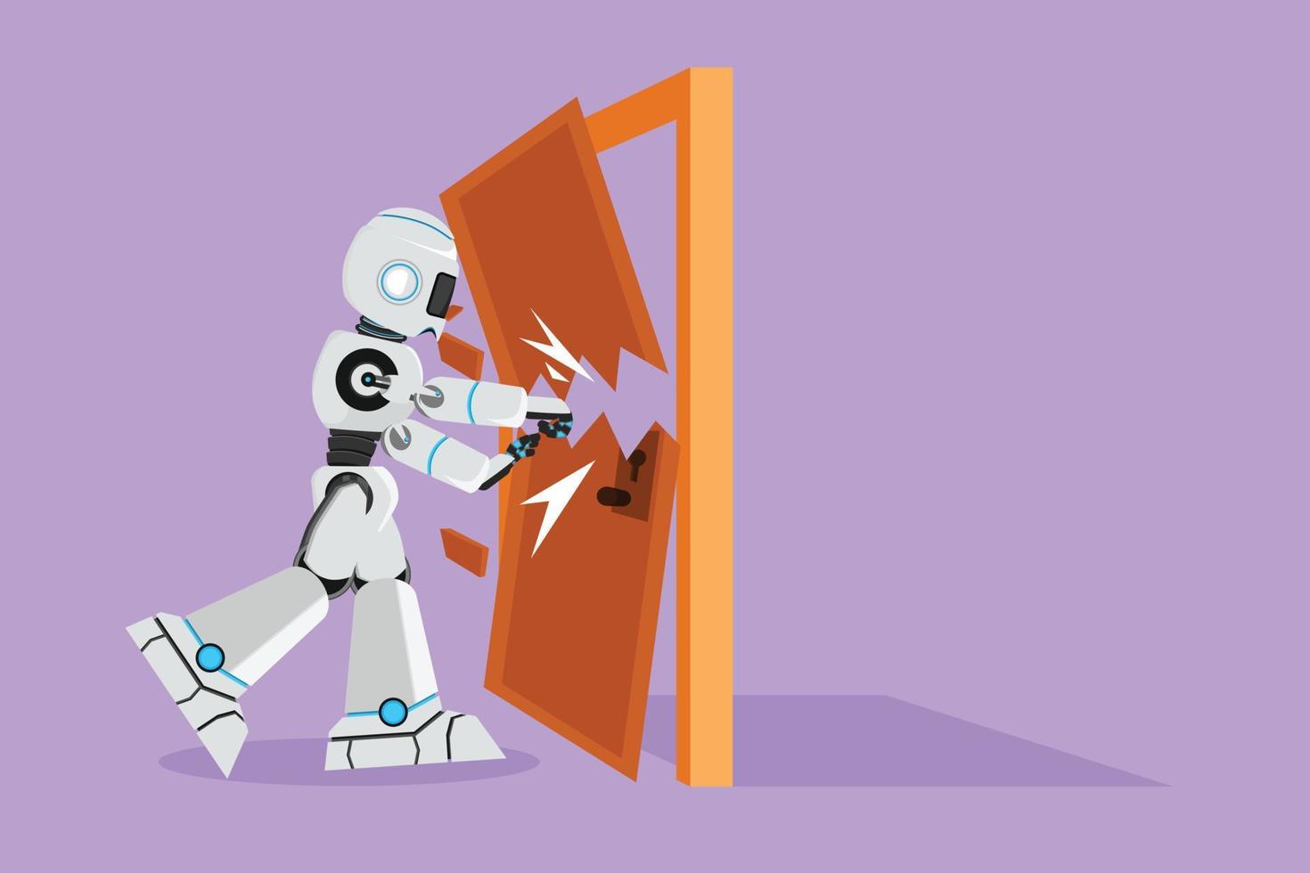 Cartoon Flat Style Zeichnung Roboter stanzen, Tür zerstören. Überwinde Herausforderungen, zerstöre Hindernisse mit Gewalt. Künstliche Roboterintelligenz. Elektronische Technologie. Grafikdesign-Vektorillustration vektor