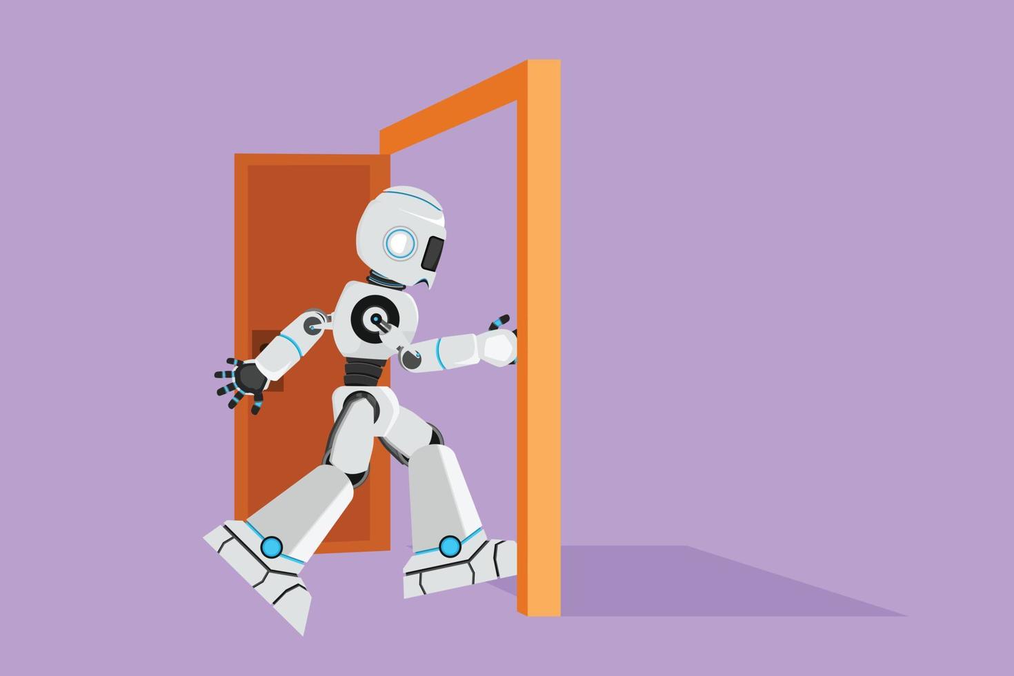 Grafik-Flachdesign-Draw-Roboter betritt den Raum durch die Tür. Cyborg geht zur geöffneten Tür. Beginnen Sie einen neuen Tag in der Fabrik. Technische Entwicklung. künstliche Intelligenz. Cartoon-Stil-Vektor-Illustration vektor