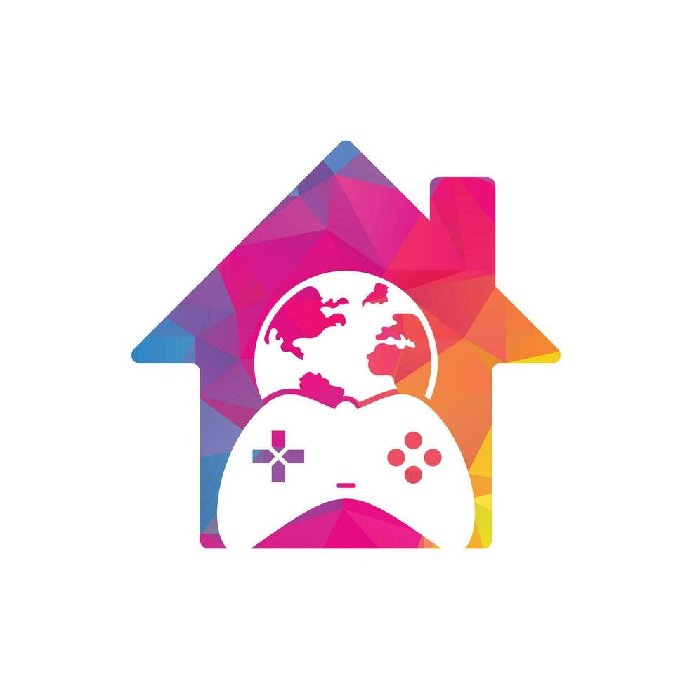 Spiel-Globus-Home-Form-Konzept-Logo-Icon-Design. Online-Gamer-World-Logo. Globus und Gamestick-Symbol vektor