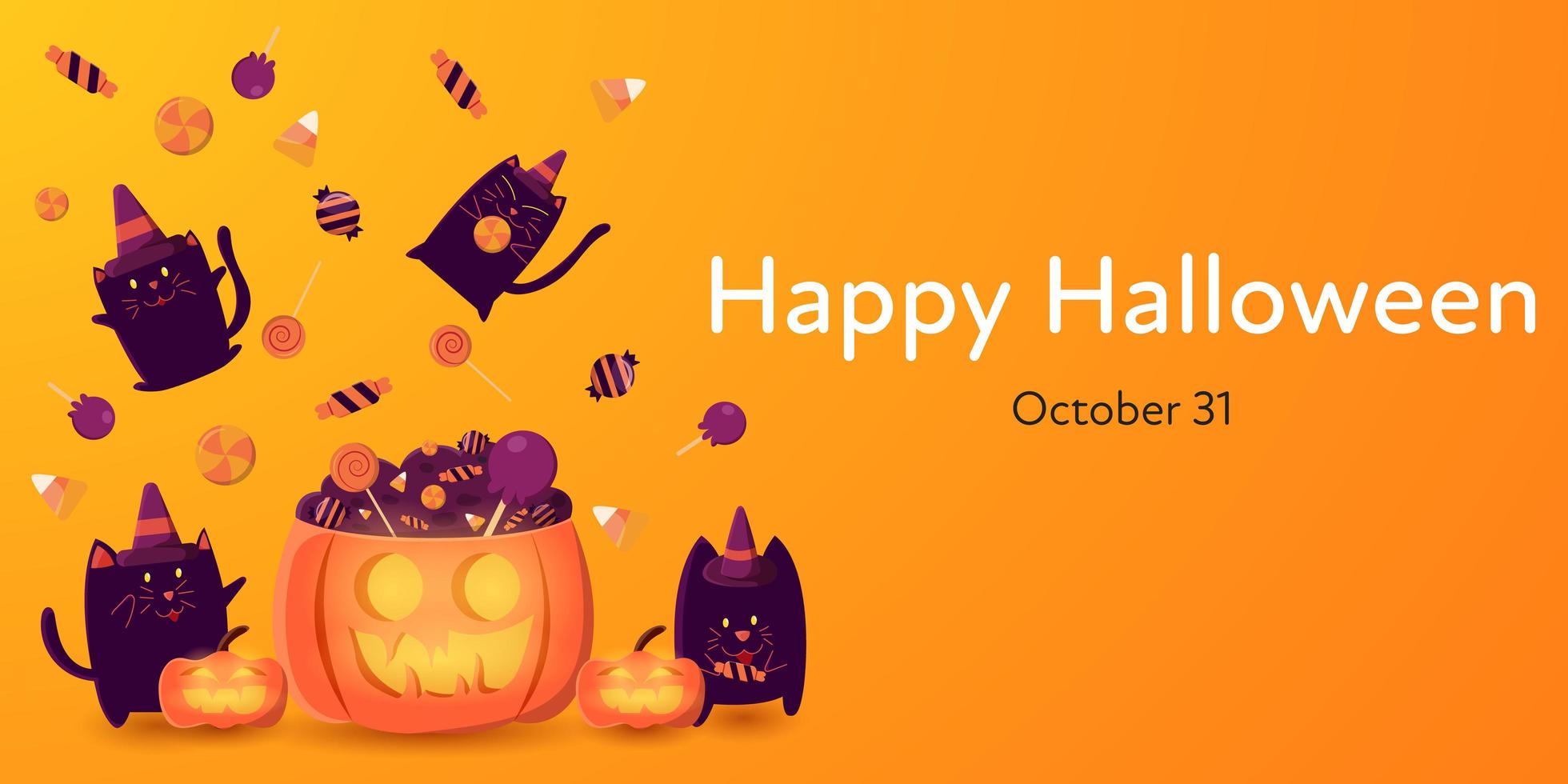 halloween banner med svarta katter njuter av godis vektor