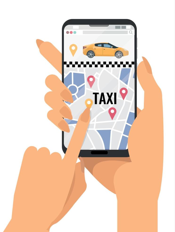 weibliche hände, die handy mit taxi-app halten. stadtplan mit bild des taxiautos und geolokalisierungszeichen auf dem bildschirm.taxiservice. Drücken Sie mit der Hand auf den Touchscreen und wählen Sie ein Auto. Vektorflache Cartoon-Illustration vektor