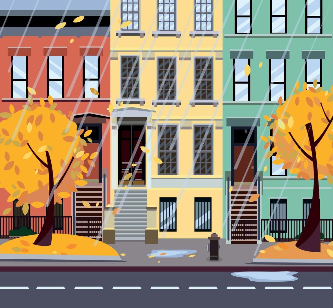 platt tecknad serie vektor illustration av höst regnig stad gata. tre-fyra våningar ojämn färgrik hus, lövverk. gata stadsbild. kväll stad landskap med höst träd i de förgrund, vattenpölar