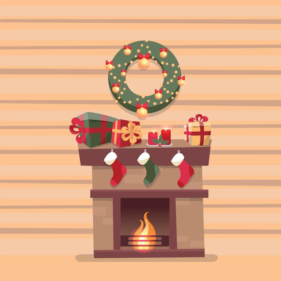 zimmerinnenraum mit weihnachtskamin mit socken, dekorationen, geschenkboxen, kerzen, socken und kranz auf dem hintergrund einer holzwand. niedliche flache karikaturart-vektorillustration. vektor