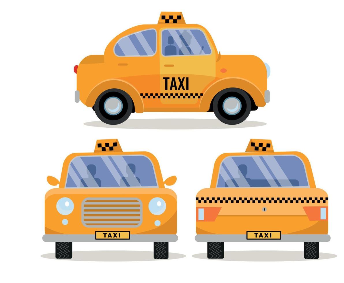 uppsättning av 3 främre, tillbaka och sida visningar av taxi bil. gul rolig söt stad fordon, branding taxi. samling av 3 olika vyer. vektor platt tecknad serie isolerat illustration på vit bakgrund