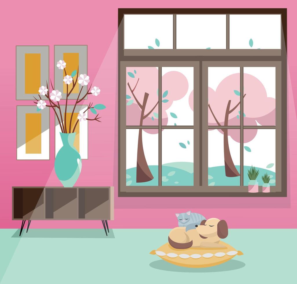 Fenster mit Blick auf rosa blühende Bäume, fliegende Blätter. frühlingsinterieur mit schlafender katze und hund, vase, bilder auf rosa tapete. regnerisches gutes Wetter draußen. flache Cartoon-Stil-Vektor-Illustration. vektor