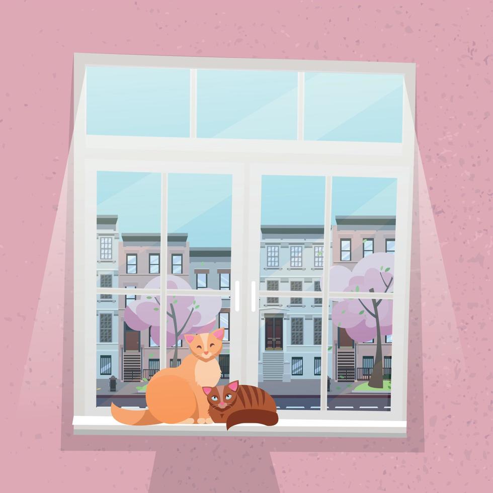 rosa strukturierte wand mit einem großen weißen fenster. Vor dem Fenster ist eine Stadtstraße mit niedrigen Häusern und blühenden Frühlingsbäumen. Zwei Katzen sitzen auf der Fensterbank. flache Cartoon-Stil-Vektor-Illustration vektor