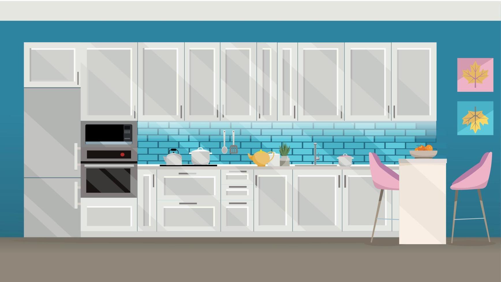 flache illustration weiße küche auf blauem hintergrund mit küchenzubehör-kühlschrank, ofen, mikrowelle. Esstisch mit 4 Stühlen am Fenster mit transparenten Vorhängen, Tee, Teekanne. flacher Cartoon-Vektor. vektor