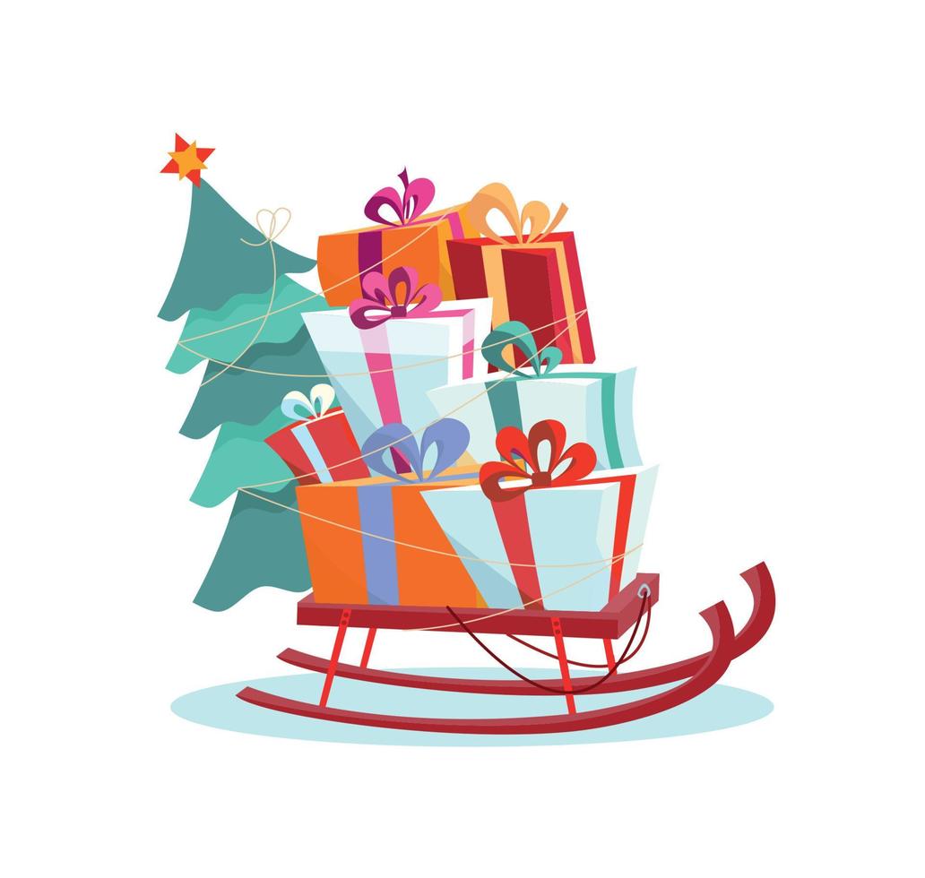 Kinderschlitten mit Geschenkhaufen und einem Weihnachtsbaum auf weißem Hintergrund. Volume mehrfarbige Geschenkboxen sind wunderschön mit Bändern und Schleifen verziert. flache Cartoon-Stil-Vektor-Illustration vektor