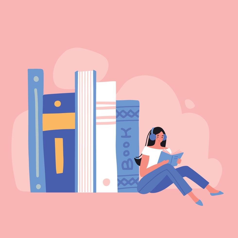 junge Frau sitzt neben einem Stapel Bücher mit Kopfhörern auf dem Kopf. Hörbuch-Konzept. Bücher online lesen. flache vektorillustration auf rosa hintergrund. vektor