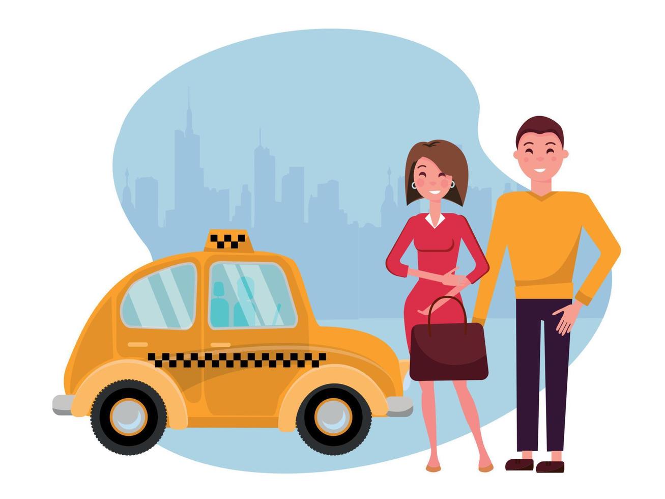 leende ung man och kvinna är stående Nästa till en söt gul taxi mot de silhuett av en stor stad. bekväm urban resa begrepp för ung företag människor. vektor platt tecknad serie illustration