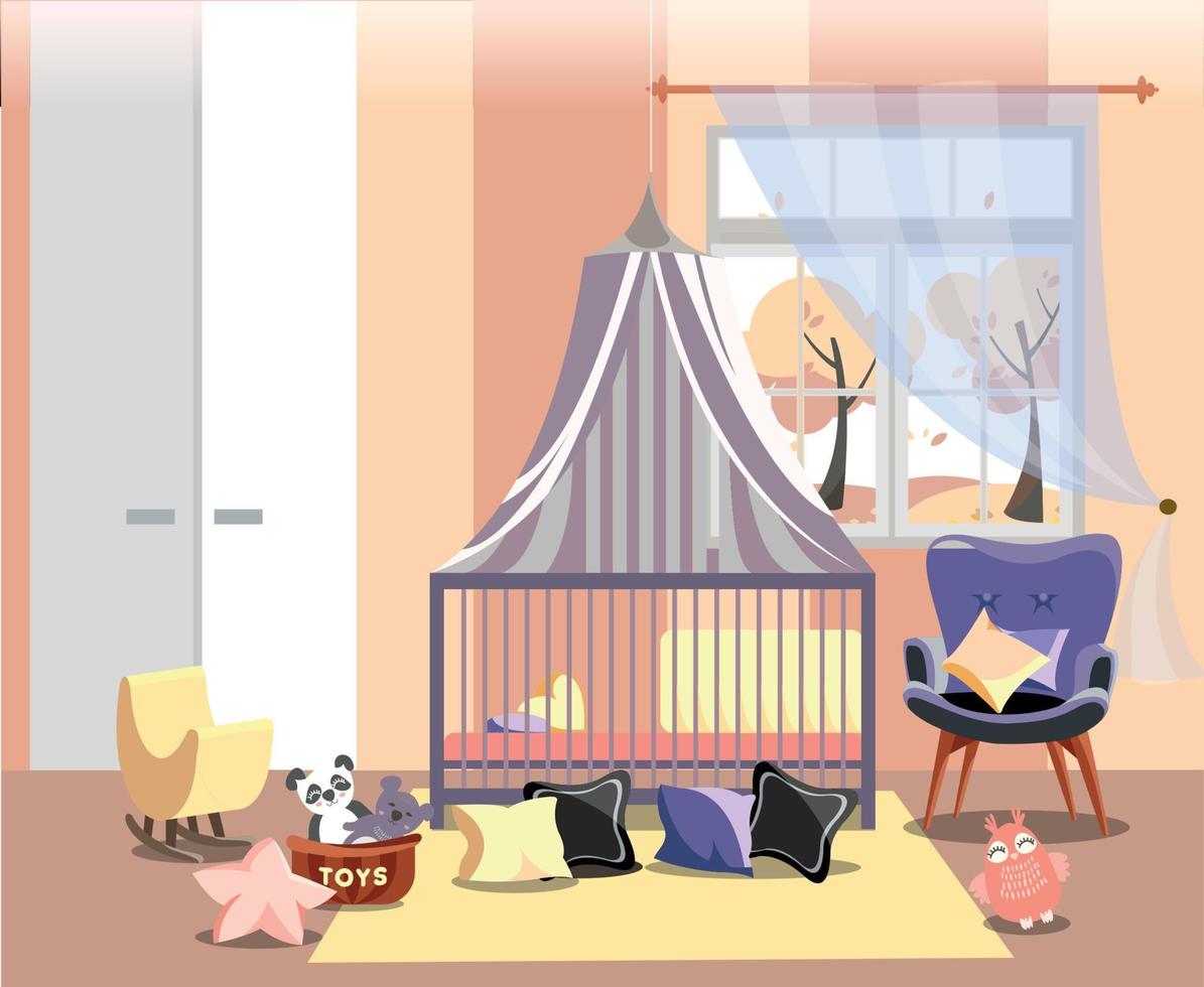 nyfödd unge eller barnkammare rum interiör platt vektor illustration av sovrum möbel. barns rum i värma gul rosa färger med leksaker, lätt stol, säng med tak, fönster med höst landskap