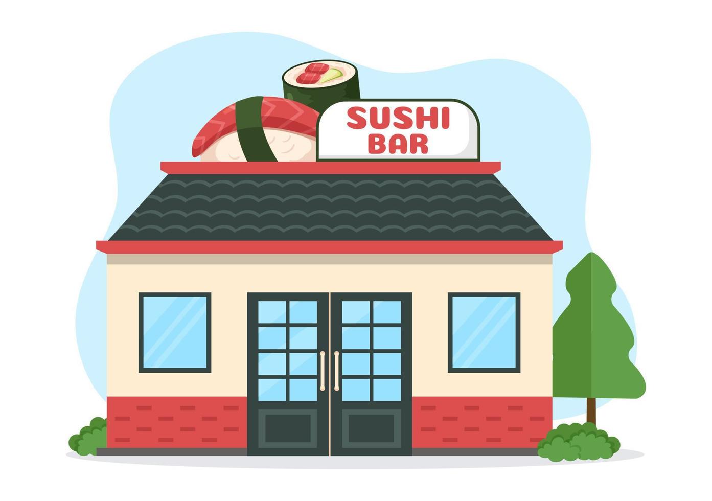 sushi bar japan asiatisches essen oder restaurant mit sashimi und brötchen zum essen mit sojasoße und wasabi in der hand gezeichneten flachen illustration der karikatur vektor