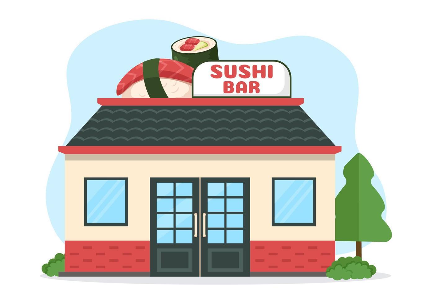 sushi bar japan asiatisk mat eller restaurang av sashimi och rullar för äter med soja sås och wasabi i mall hand dragen tecknad serie platt illustration vektor