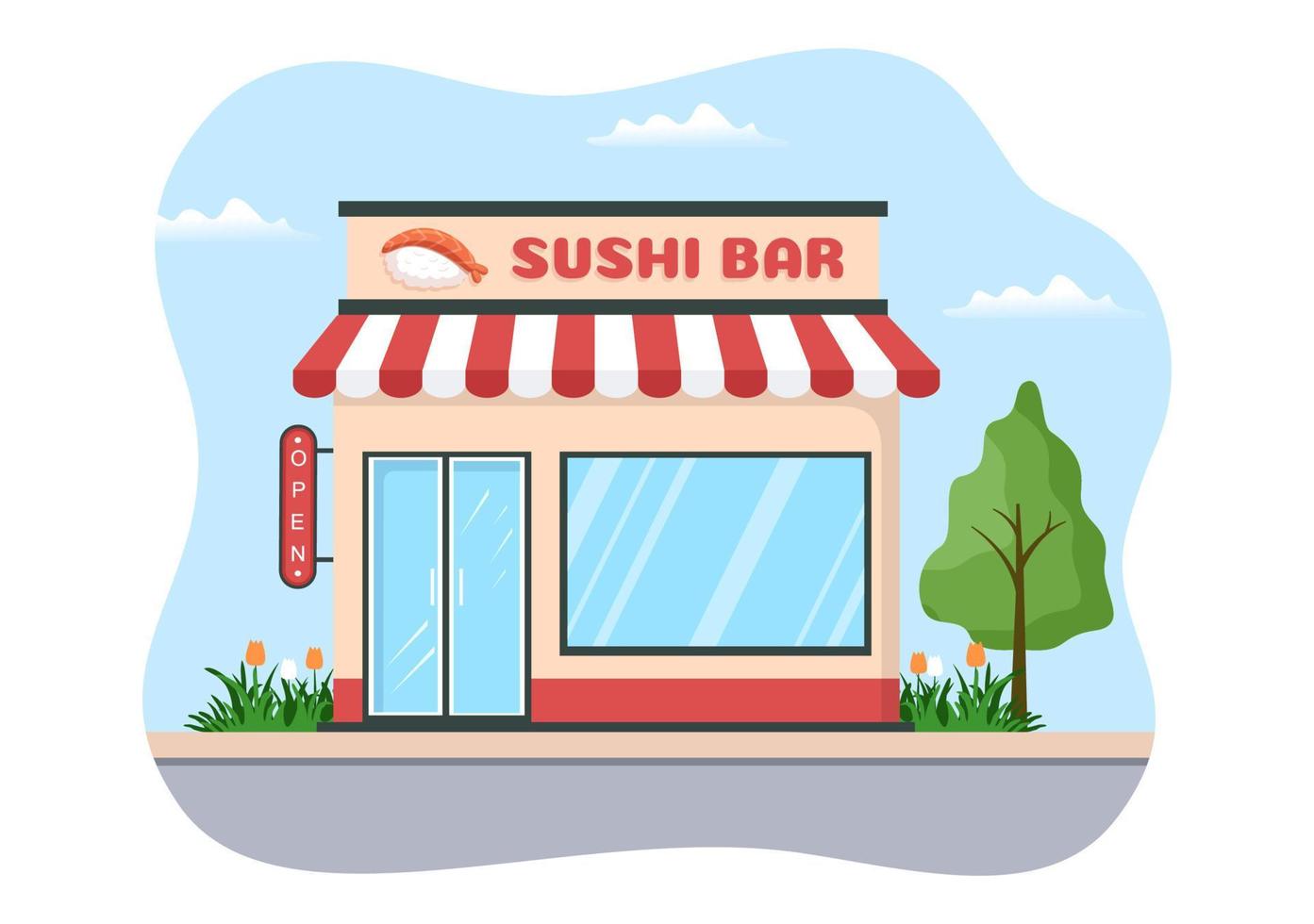 sushi bar japan asiatisk mat eller restaurang av sashimi och rullar för äter med soja sås och wasabi i mall hand dragen tecknad serie platt illustration vektor