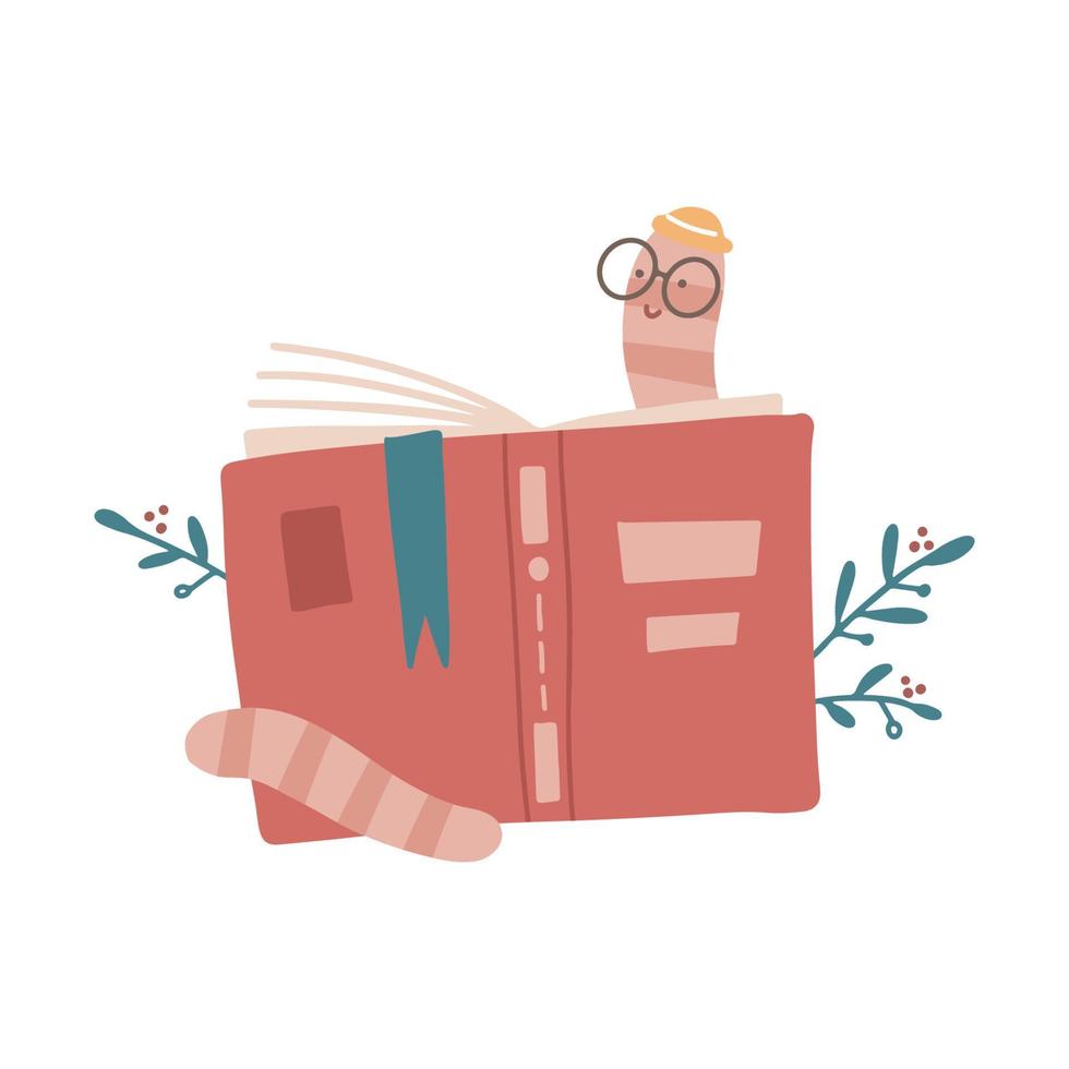 söt tecknad serie bokmal med glasögon och hatt läsning Bakom en bok. platt hand dragen vektor illustration.