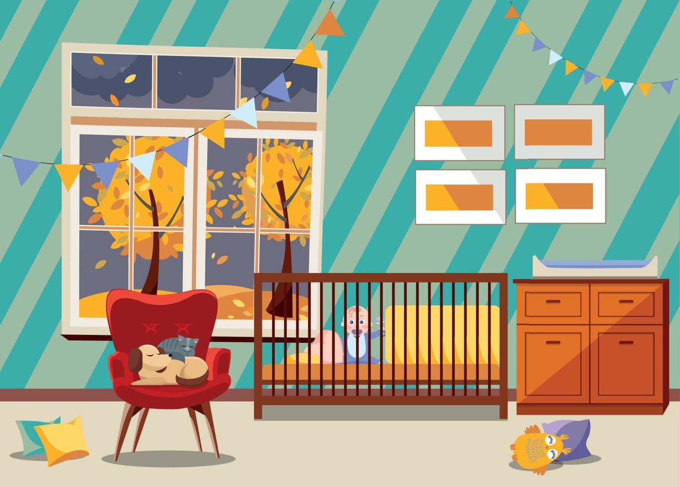 ljus nyfödd unge barnkammare rum interiör, sovrum möbel. platt barns rum med leksaker, fåtölj, lätt stol med sovande katt och hund, krans av flaggor, pojke i säng, fönster med falla landskap vektor