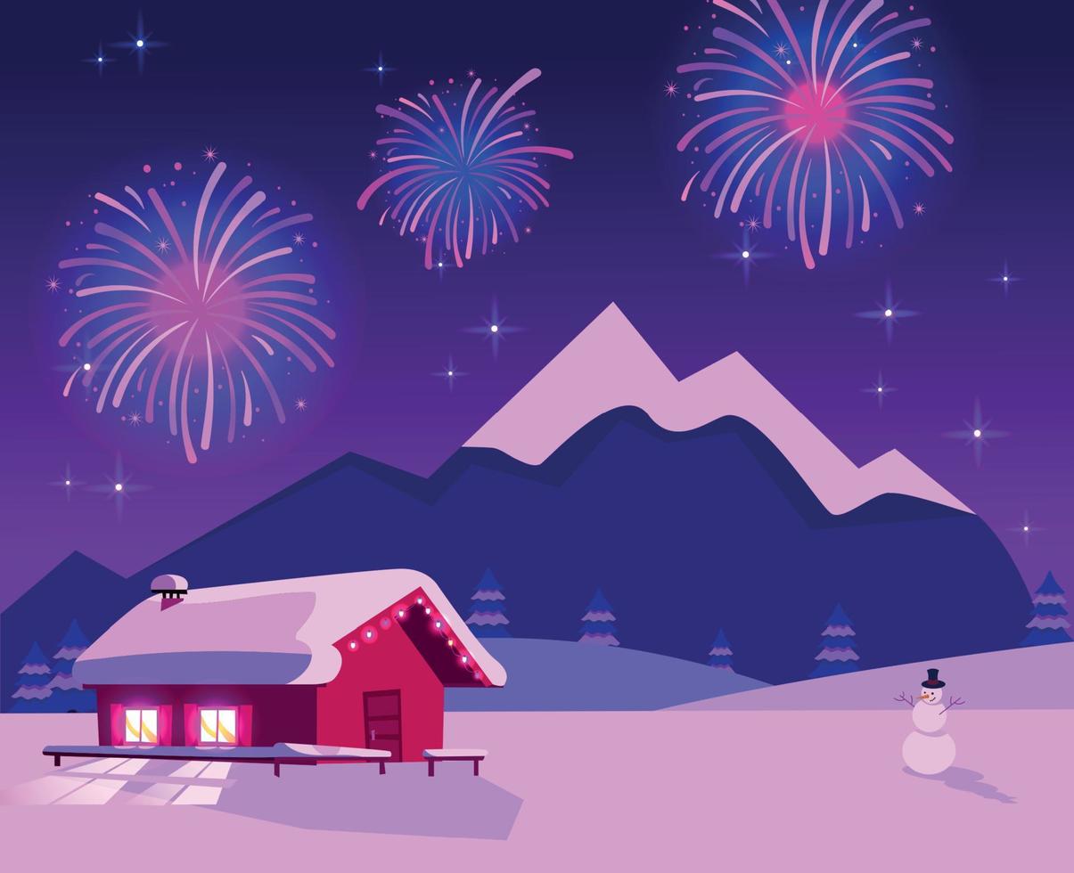 flache vektorillustration von feuerwerken über berglandschaft mit einstöckigem landhaus mit beleuchtungsfenstern. lila-rosa Farben der Nacht. Urlaub im Skigebiet. gemütlicher ort mit platz und schneemann vektor