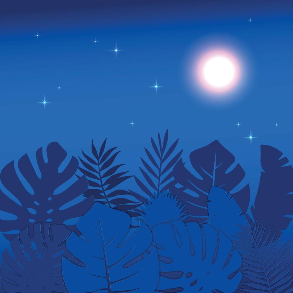 Quadratische tropische Web-Banner-Vorlage mit Palmblättern im 3D-Papierschnitt und Bastelstil. sommernachtblumendschungelhintergrund mit monstera-blättern. sterne und mondlicht, die nachts leuchten. vektor