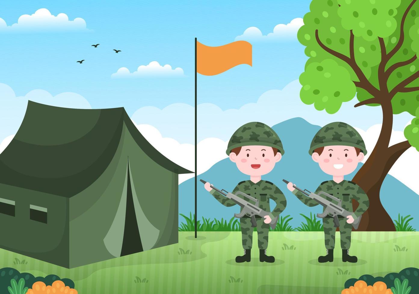 militärische armee vorlage handgezeichnete niedliche cartoon flache illustration mit soldat, waffe, panzer oder schützender schwerer ausrüstung vektor