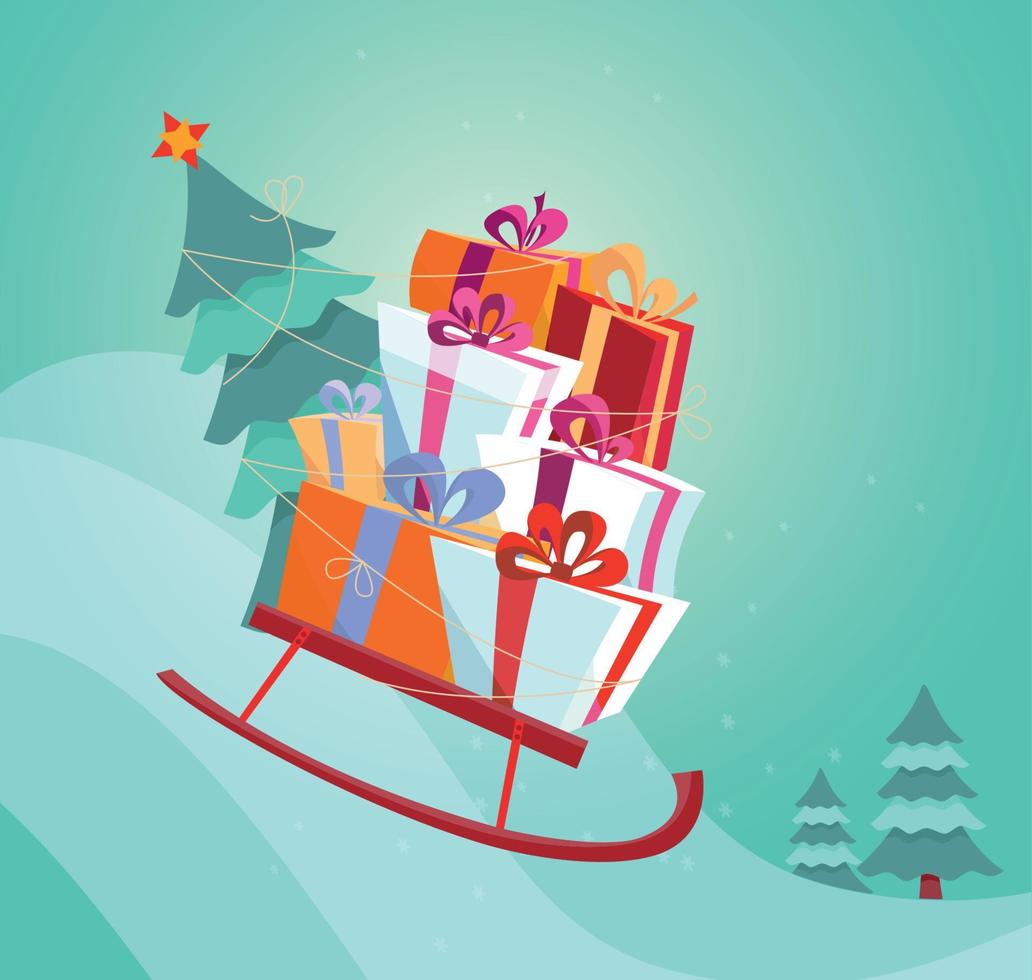 släde med gåvor rusa ner de snö glida. en stack av gåva lådor och en jul träd bunden till en kälke kälke med en rep. festlig ljus platt vektor illustration i tecknad serie stil.