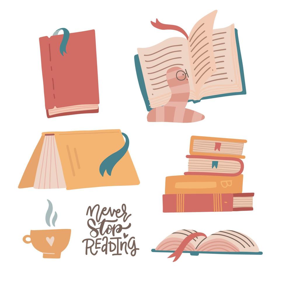 gemütliches set aus bunten büchern, bücherstapeln, stapeln und einer tasse heißem getränk. handgezeichnete bibliothek mit lustigem bücherwurm. Vektor Flay handgezeichnete Illustration