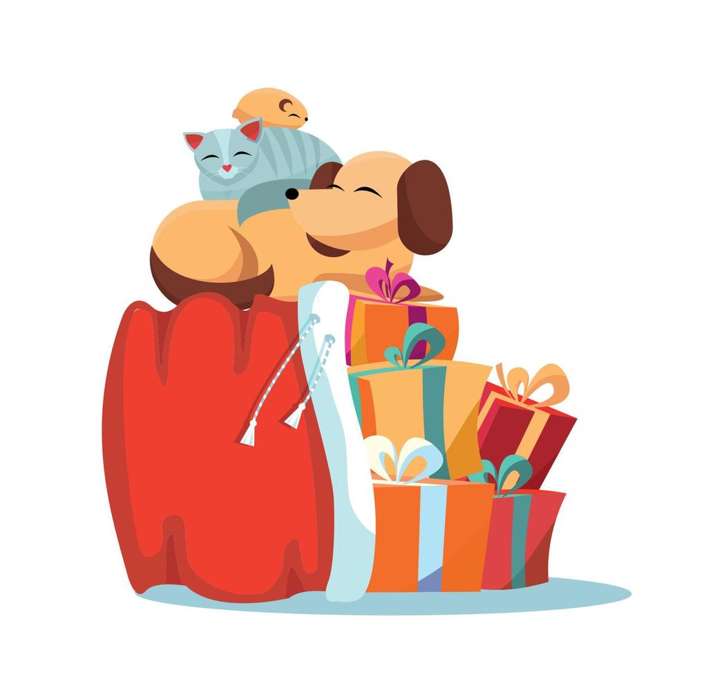 haustiere katze, hund, hamster schläft bequem auf roter weihnachtsmanntasche mit weihnachtsgeschenken auf weißem hintergrund. bunte geschenkboxen sind mit schleifen verziert. flache Cartoon-Stil-Vektor-Illustration. vektor