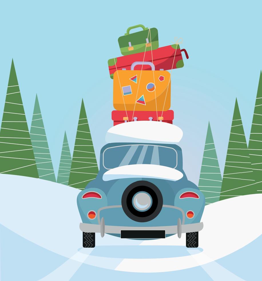 Rückansicht des Autos mit Gepäckstapel auf dem Hintergrund von Schneebäumen. blaues Auto mit Koffern auf dem Dach. winterfamilie, die mit dem auto anreist. flache karikaturvektorillustration. viele taschen auf der oberseite des fahrzeugs vektor