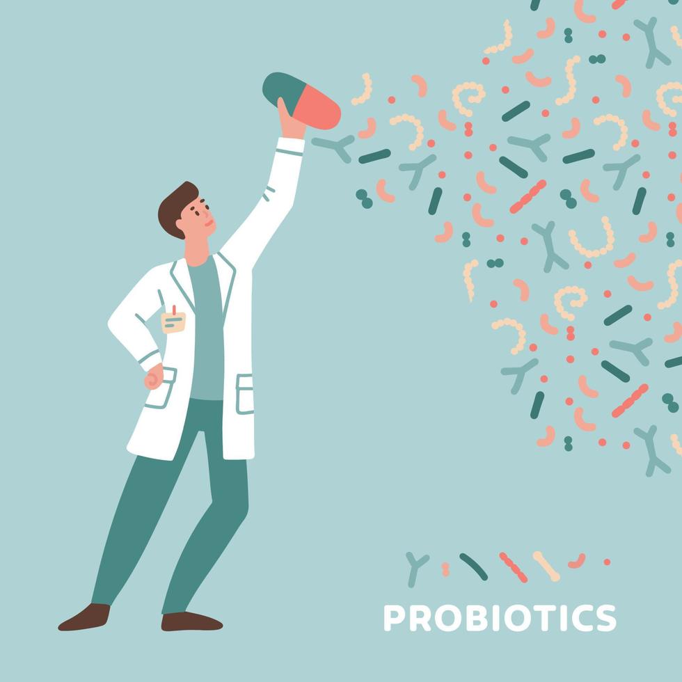ung läkare innehav apotek piller med probiotika. begrepp av dysbakterios, tarm- mikroflora, mikrobiom, mikrobiota, problem med matsmältning och immunitet. platt hand dragen vektor illustration.