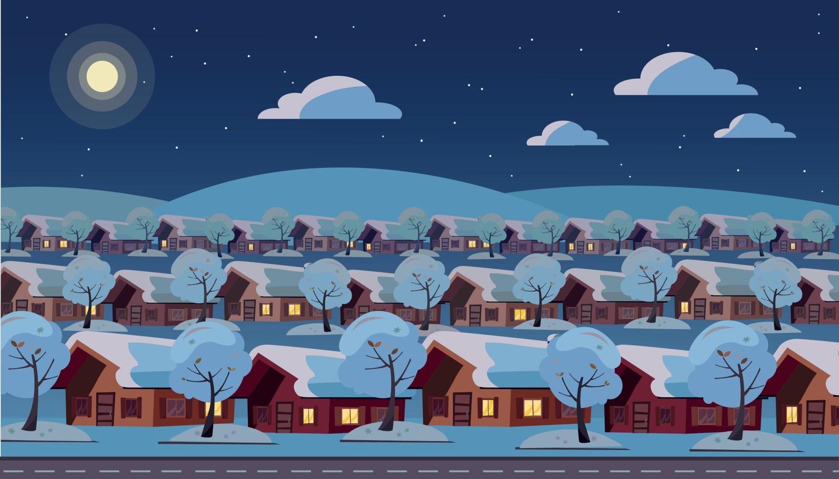 panorama- natt landskap av förorts en historia by. samma hus är belägen i tre rader. vinter- snö starry väder, måne, moln, träd utanför. platt tecknad serie stil vektor illustration.