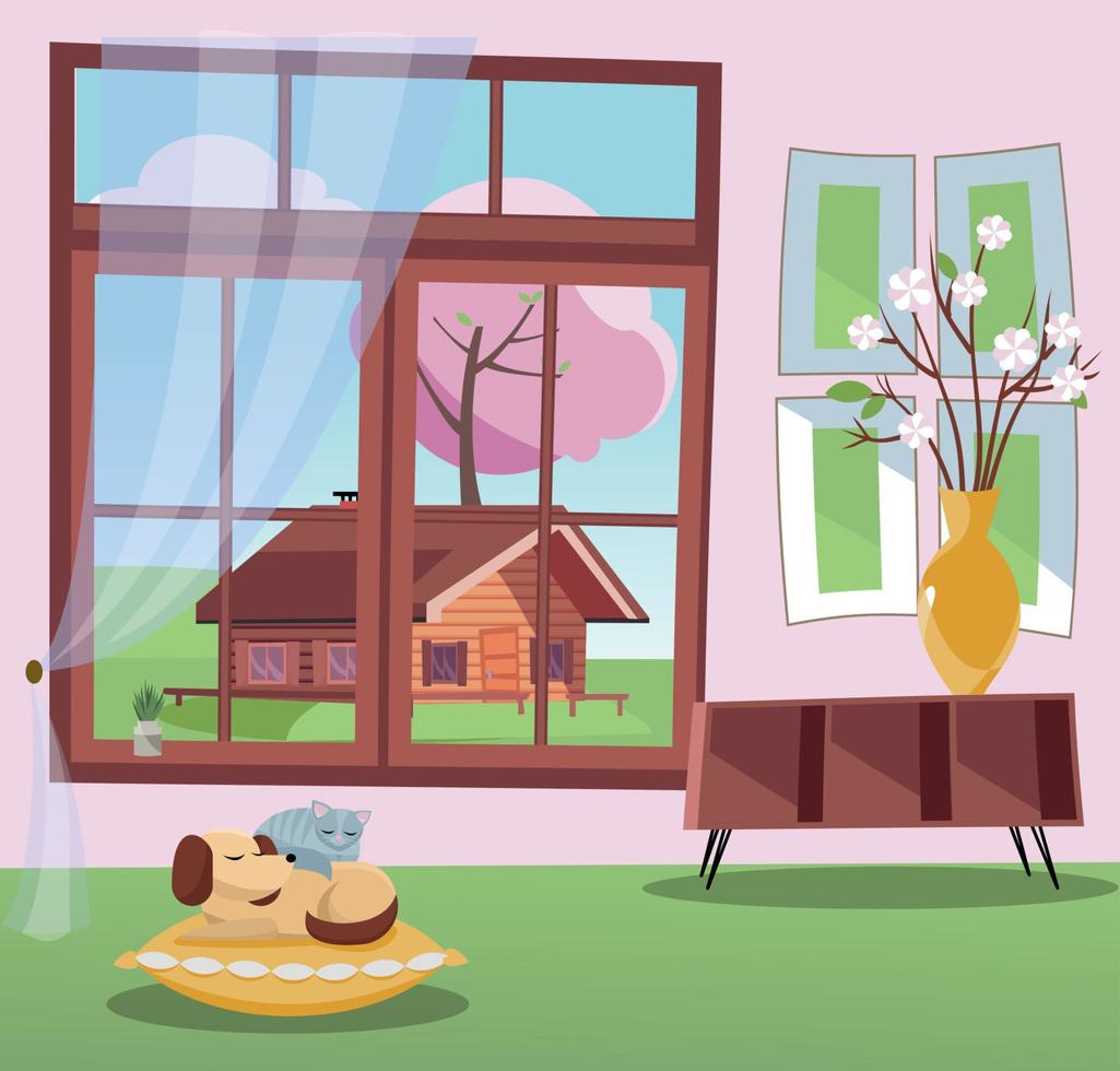fönster med en se av blomma träd och Land trä hus. vår interiör sovande katt och hund på kudde, hylla, vas med grenar. icke-parallell objekt. solig väder utanför. platt tecknad serie vektor